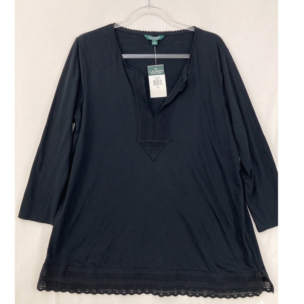 New Lauren Ralph Lauren Crochet Trim Top XL 3/4 Sleeve Cotton Stretch Preppy